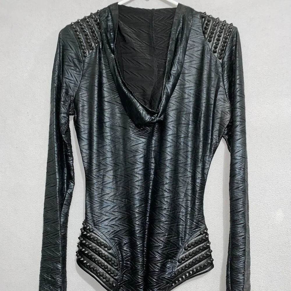 Ivy Layne Studded Black Hooded Bodysuit M/L Made in USA Edgy Zip Front - Picture 7 of 7